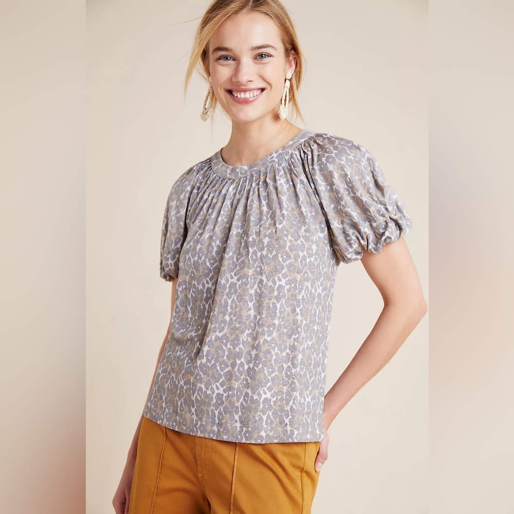 Anthropologie Maeve Leopard Linen Puff-Sleeved Top